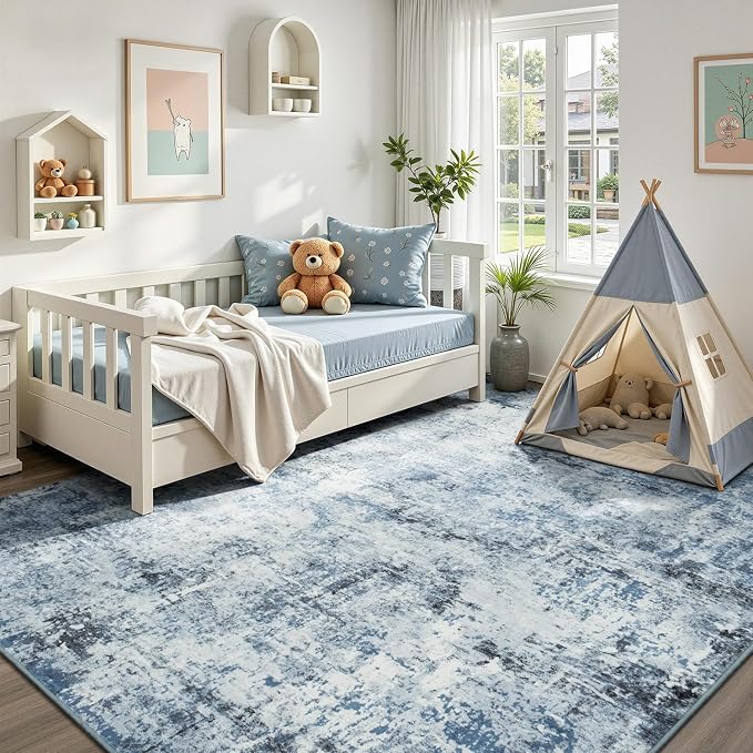 Rugflix 8x10 Area Rugs for Living Room, Washable Light Blue Grey Large Rug | Machine Washable; Stain-Resistant; Low Pile; Non-Slip; Modern Abstract; Black Carpet for Bedroom Dining Office Nursery Home