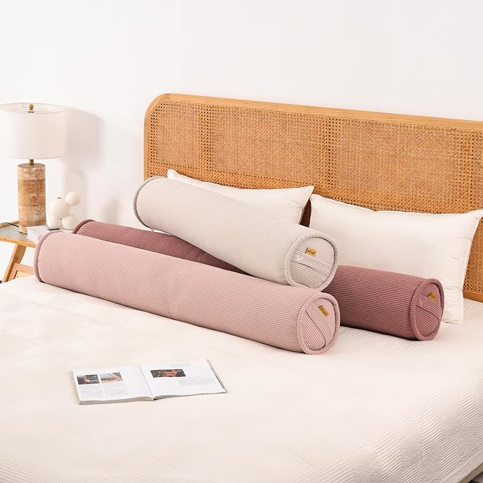 Long Round Body Pillow for Adults – Corduroy Cervical Roll Bolster Pillow, Firm Support for Spine Alignment & Side Sleeping,59 x 7.87 Inches,Brick Brown