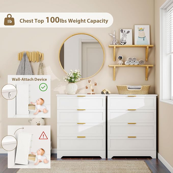 FTZxHKLX White 4 Drawer Dresser for Bedroom, Modern Chest of Drawers | Tall Bedroom Dresser with Large Drawer, Wooden Storage Dresser, Chest of Drawer for Closet, Living Room, Hallway, Nursery