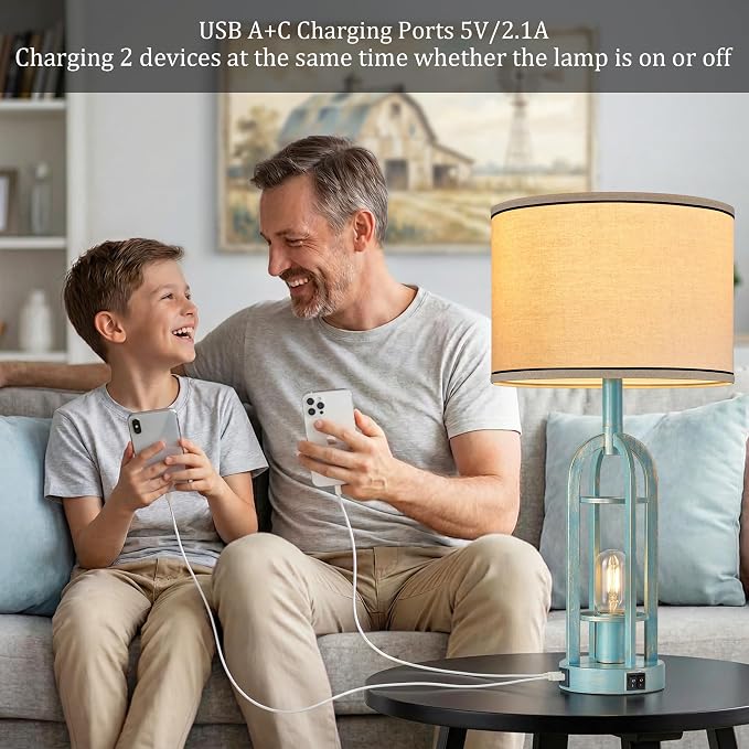 SRJJA Table Lamps for Living Room Set of 2 - Modern Farmhouse Lamps for Night Stands with Night Light & USB A+C, 24" Vintage Bedside Lamp for Bedroom, Bulbs Included