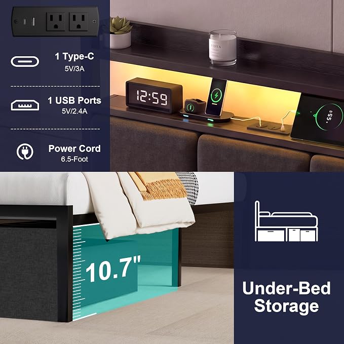 Full Bed Frame with 2 Storage Drawers, Platform Bed with LED Lights & Charging Station, Upholstered Headboard with 2-Tier Shelves, Heavy Duty Metal Sltats, No Box Spring Needed, Noise Free
