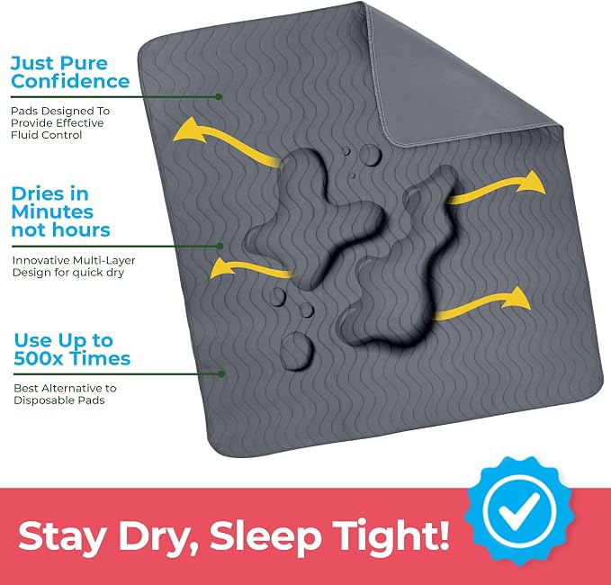 6 Pack Waterproof Reusable Heavy Absorbency Incontinence Bed Pads 34"x36" | Utopia Bedding Washable Underpads, Chuck Pads for Adults, Kids, Elderly and Pets, Bedwetting Pads for Sofa and Couch, Grey