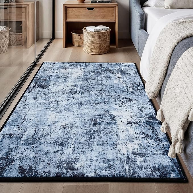 Rugflix 3x5 Entrance Rugs, Washable Navy Blue Dark Entry Small Rug | Machine Washable; Stain-Resistant; Low Pile; Non-Slip; Modern Abstract; Black Carpet for Entryway Kitchen Hallway Home