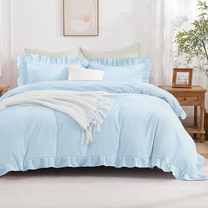 Andency Light Blue Ruffle Duvet Cover King, Shabby Chic Bedding Set | 3 Pieces Soft Washed Polyester Vintage Ruffled Comforter Cover Set with Zipper Closure & Corner Ties, 104x90Inch