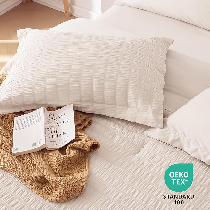 7 Pieces Oversized Queen Comforter Set, Seersucker Bed in a Bag Oversized Queen Size, All Season Luxury Bedding Set with Comforter, Flat Sheet, Fitted Sheet, Pillowcases & Shams, Beige