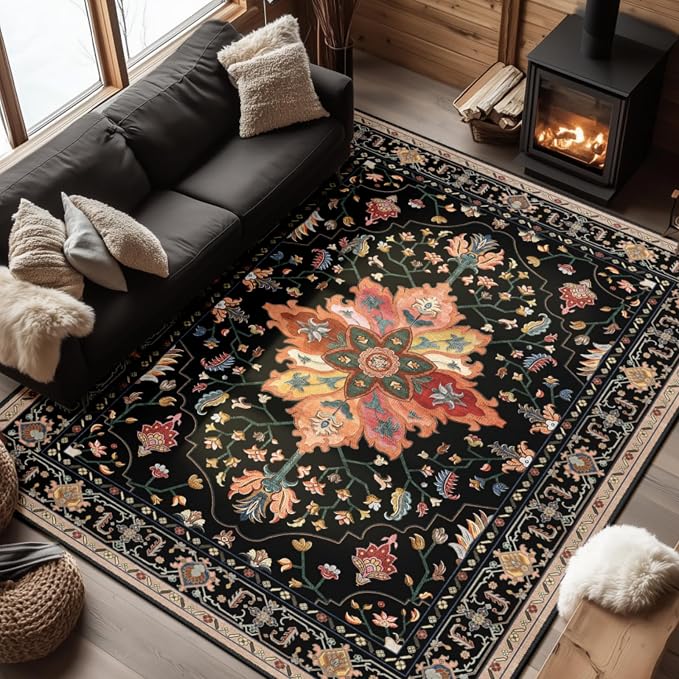 RELEANY Washable Area Rug, 6'x8', Black/Colorful | Non-Slip, Water Repellent, Pet Friendly, Easy to Clean, Vintage Floral Boho Decor for Living Room Bedroom Dining Room Office