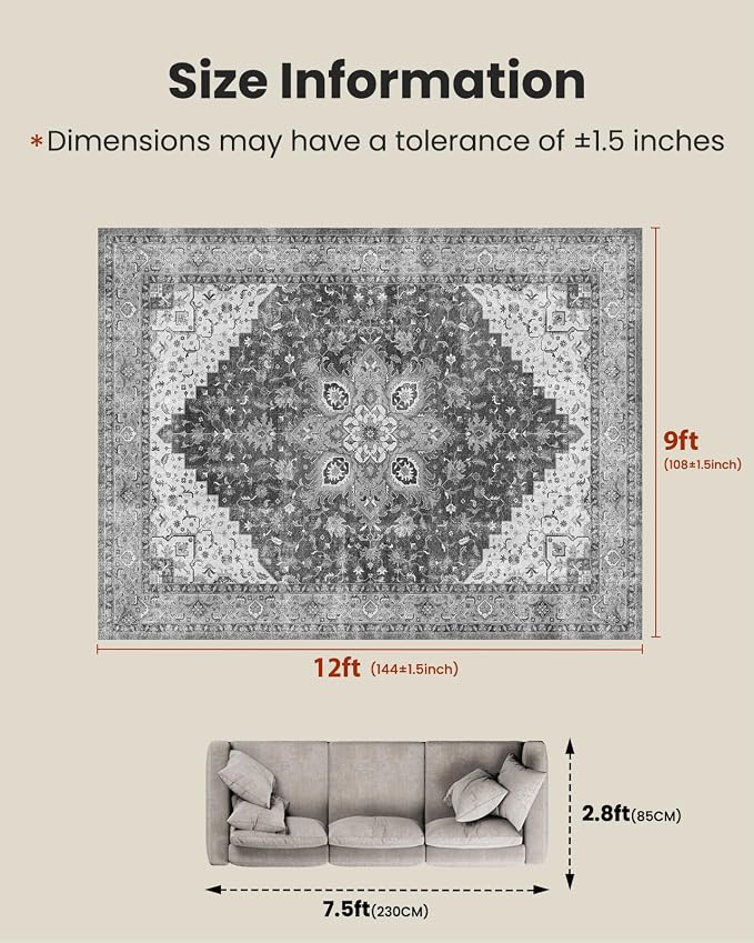 AMADA HOMEFURNISHING 9x12 Area Rugs, Low-Profile Large Washable Area Rug with Non-Slip Backing & Durable Edge Binding, Vintage Rugs for Living Room, Bedroom & Dinning Room