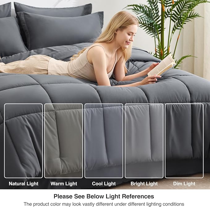 Love's cabin Queen Comforter Set Soot Grey, 7 Pieces Queen Bed in a Bag, All Season Bedding Sets with 1 Comforter, 1 Flat Sheet, 1 Fitted Sheet, 2 Pillowcase and 2 Pillow Sham