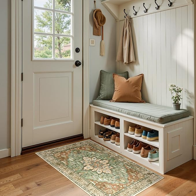 RELEANY Washable Area Rug, Small 2'x4', Brick/Brown/Green | Non-Slip, Water Repellent, Pet Friendly, Easy to Clean, Vintage Floral Boho Decor for Kitchen Entryway Bathroom