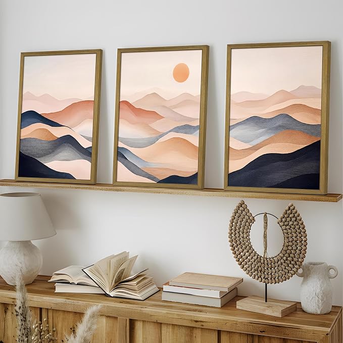 Vintage Abstract Mountain Wall Art Set of 3 Canvas, Neutral Desert Landscape Framed Poster, Retro Boho Painting for Farmhouse Home Decor, Sunrise Nature Print Picture Living Room Bedroom 16x24 Inch
