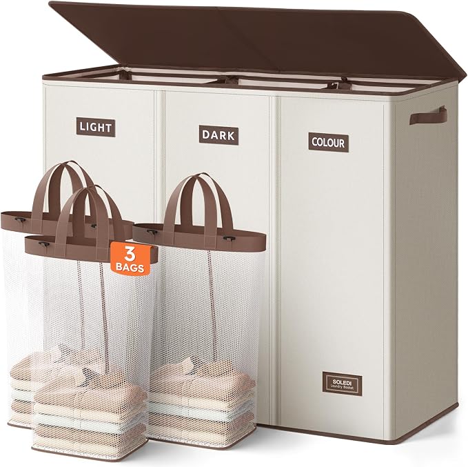 SOLEDI 200L 3-Section Laundry Hamper with Lid, Extra Large Dirty Clothes Basket with Sturdy Handles for Laundry Room & Bedroom - Durable Organizer for Sorting Laundry