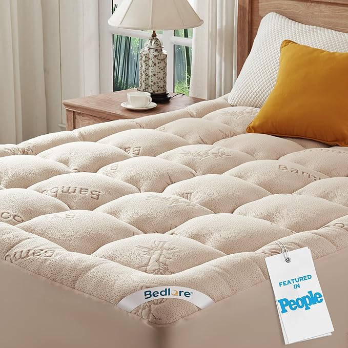 BEDLORE King Mattress Topper Viscose Bamboo, Thick Pillow Top Mattress Pad | Stretchable Pockets Fit 6"-18" Mattress, Soft Breathable Mattress Topper for Back Pain Relief and Hot Sleepers(Beige)