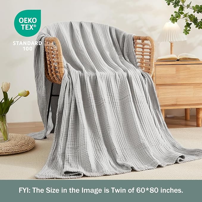 EMME Muslin Blankets for Adults Grey Small Blanket 40" x 50" | Throw Blanket for Couch Breathable Gauze Soft Lightweight Airy Light
