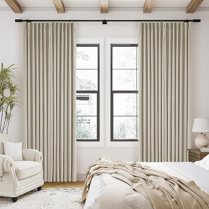Burlywood Birch Black Out Pleated Linen Curtains 102 Inches Long 2 Panels | 2 Layers for 100% Blackout Thermal Insulated, Pinch Pleat with Back Tab, Memory Shape, Taupe Drapes for Bedroom Living Room