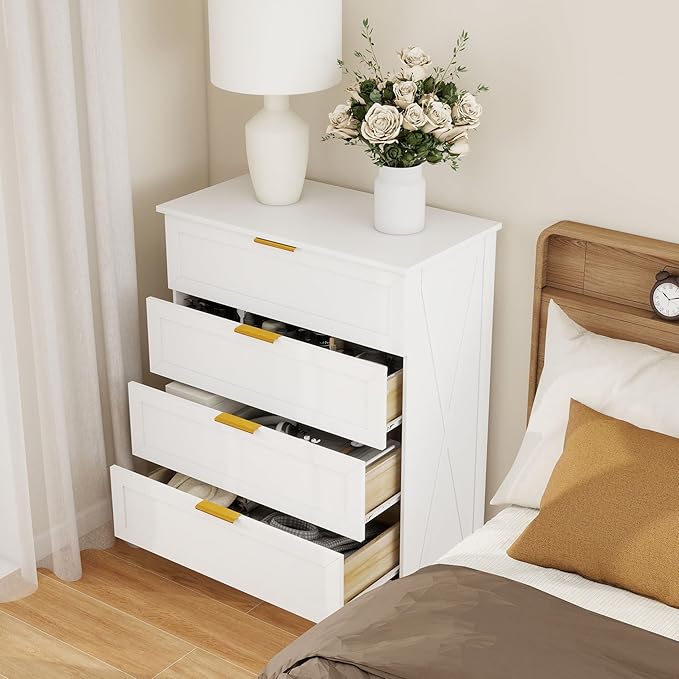 FTZxHKLX White 4 Drawer Dresser for Bedroom, Modern Chest of Drawers | Tall Bedroom Dresser with Large Drawer, Wooden Storage Dresser, Chest of Drawer for Closet, Living Room, Hallway, Nursery
