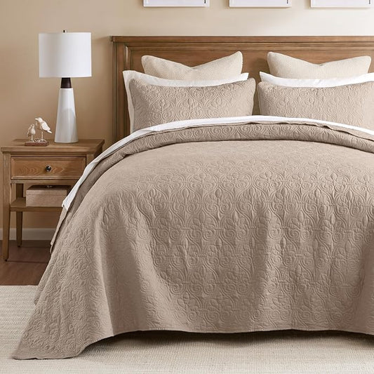 Madison Park King Quilt Bedding Set, Cottage-Inspired Damask, 3PC | All Season Quilted Coverlet, Classic Stitch Pattern Bedspread & Shams, Ultra Soft Microfiber Bedspread Set, Khaki
