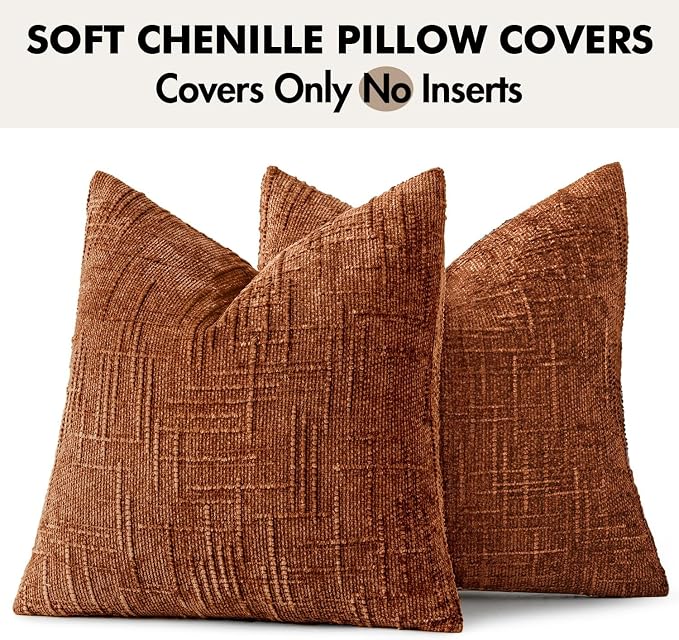 MIULEE Chenille Textured Fall Throw Pillow Covers Burnt Orange 18x18 | Set of 2, Slubby Decorative Pillows, Boho Farmhouse Home Decor, Modern Neutral Cushion Covers for Couch Sofa Bed Living Room