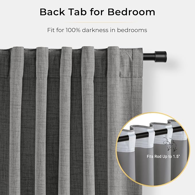 INOVADAY 100% Blackout Curtains for Bedroom Black Out Curtains 80 Inch Long | Dark Grey Curtains for Living Room 2 Panels, Clip Rings Linen Look Blackout Drapes, Thermal Insulated Room Darkening,W50xL80