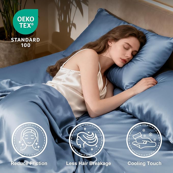 Love's cabin Full Size Satin Sheet Sets - 4 Piece Ash Blue Silky Sheet Set Full with Deep Pocket, Luxury Silk Feel Bed Sheets Full Bedding Set (1 Flat Sheet,1 Fitted Sheet,2 Pillow Cases)