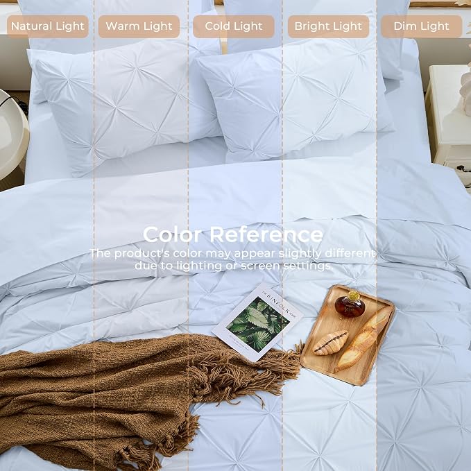 Sasttie Oversized King Comforter Set, 7-Piece Bed in a Bag, Pintuck Bedding Sets for All Season, Includes Comforter, Flat Sheet, Fitted Sheet, Pillowcases and Pillowshams, Light Blue