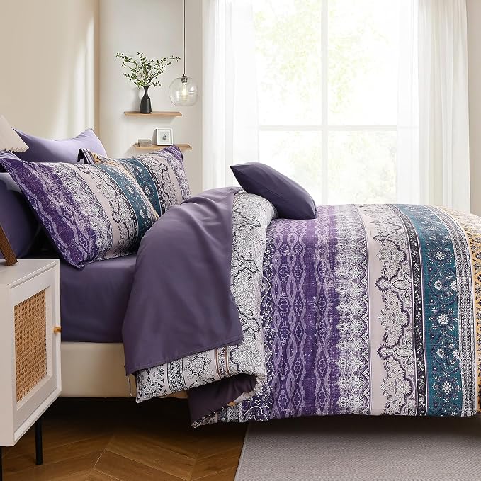 Cottolester Boho Queen Comforter Set 8 Pieces, Violet Bohemian Striped Bed in a Bag, Paisley Soft Microfiber Bedding Comforter Set
