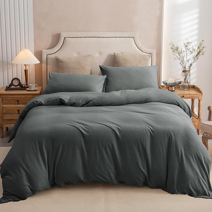 PURE ERA Jersey Knit Sheet Set Solid Dark Greenish Gray California King | 100% Cotton, 3 Piece Set, T Shirt Soft, Breathable, Envelope Closure Pillowcases, Hidden Zipper, 8 Ties, No Insert, Modern