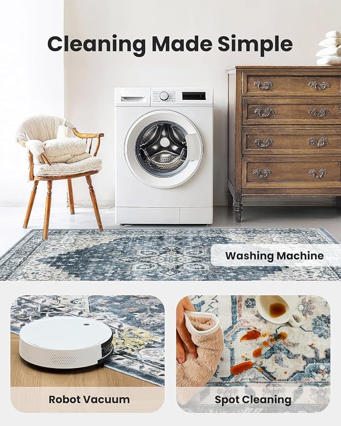 AMADA HOMEFURNISHING 9x12 Washable Area Rug, Low-Profile Large Area Rug with Non-Slip Backing & Durable Edge Binding, Vintage Large Rugs for Living Room, Bedroom & Dinning Room