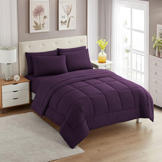 Sweet Home Collection 7 Piece Comforter Set Bag Solid Color All Season Soft Down Alternative Blanket & Luxurious Microfiber Bed Sheets, Purple, Queen