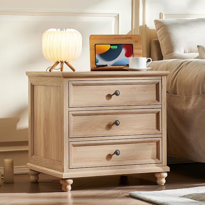 Joaxswe 24" Wide Farmhouse Night Stand Set of 2,Large End Table with 3 Drawers & Metal Handle,Wood Dresser for Bedroom,Bed Side Table Chest of Drawers Cabinet,Natural Nightstand for Living Room,Closet