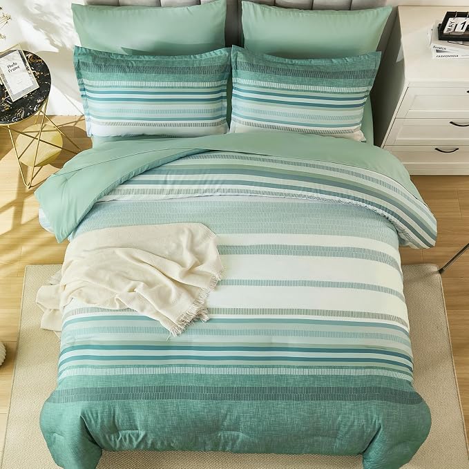 Dobuyly Comforter Set Queen Size 7 Piece, Boho Striped Sage Green Bed in a Bag Queen Soft Microfiber Bedding Sets with Comforter, Sheets, Pillowcases & Shams All Season