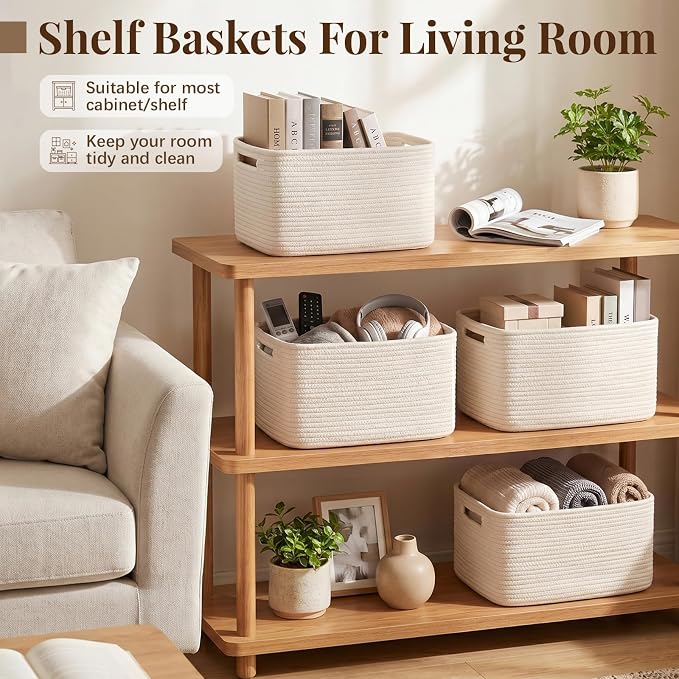 OIASKET 4Packs Natural Cotton Rope Storage Baskets for Organizing Toys, Clothes, Towels & Books, Soft Versatile Organizers for Shelves, Home Decorative Bins, 13''Lx9''Wx7.8''H, White