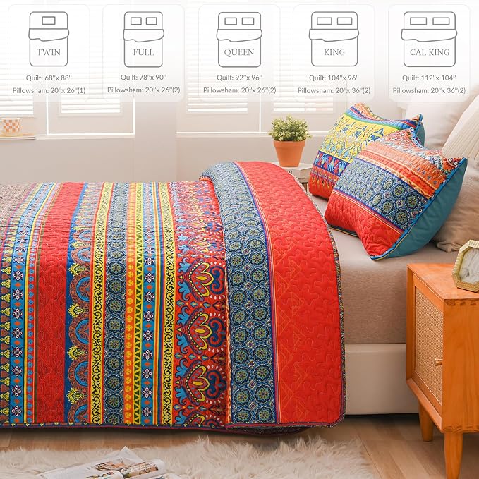 Exclusivo Mezcla Reversible Boho Quilts Full Size Blue | Lightweight Soft Bedspreads, All Season Bohemian Coverlet Bedding Set, Printed Floral Pattern, 1 Quilt and 2 Pillow Shams