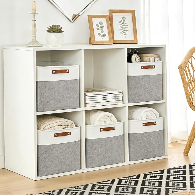 13x13 Cube Storage Bins, Collapsible Fabric Storage Box, 4 Pack Closet Baskets with Handles for Organizing, Shelf, Toys, Clothes, Home, Office, Nursery (Grey&White)