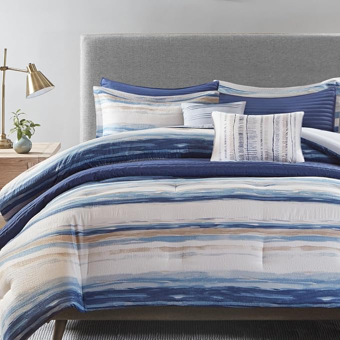 Madison Park Marina Comforter Quilt Combo Set - Modern Luxury Design, All Season Down Alternative Bedding, Matching Shams, Decorative Pillows, Full/Queen(90"x90"), Seersucker Blue 8 Piece | All Season Down Alternative Bedding Set with Comforter, Shams,...
