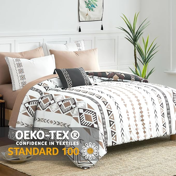 Super King Plus Comforter Set - 7 Pieces Boho Bed in a Bag Western Bedding | Reversible Bedding, All Season Aztec Bed Set with Comforter, Sheets, Pillowcases & Shams, Brown