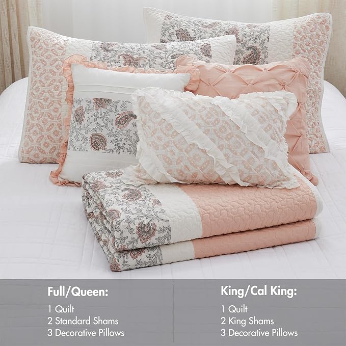 Madison Park Shabby Chic Cotton Quilt Set, 6PC Full/Queen Coverlet | Double-Sided Stitching Floral Design, All Season, with Shams, Bed Skirt, Decorative Pillows, Lightweight, Blush