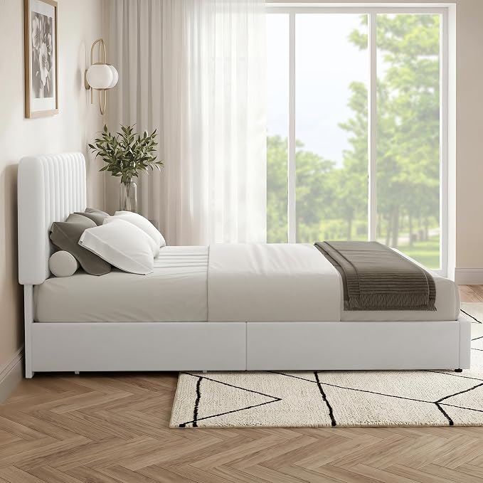 VECELO Full Size Upholstered Bed Frame with 4 Drawers and Headboard, Velvet Platform Storage Bedframe, Wooden Slats Support, No Box Spring Needed,Snow-White
