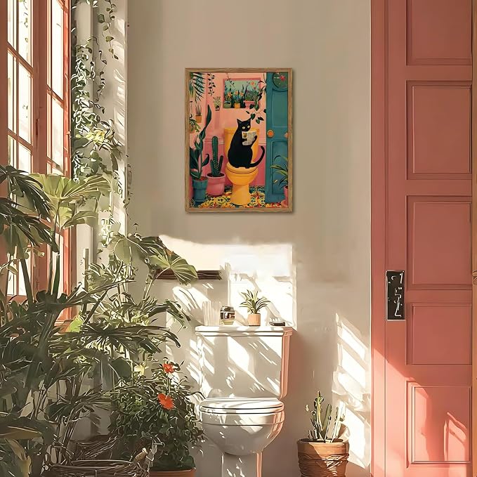 Funny Black Cat Bathroom Wall Art Whimsical Cat Reading Newspaper on Toilet Wall Decor Picture Cute Animal Bathroom Poster Canvas Painting Prints for Restroom 12x16 inch Framed