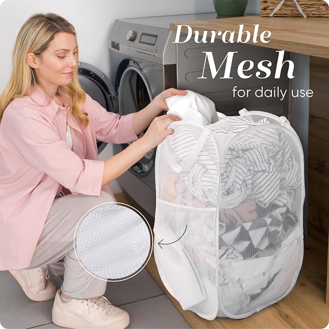 Handy Laundry Pop Up Laundry Hamper 71L Sturdy Collapsible Mesh (White) | Collapsible Mesh Pop Up Hamper, Wide Opening, Side Pocket, Breathable, Sturdy, Foldable, Space-Saving for Clothes Storage