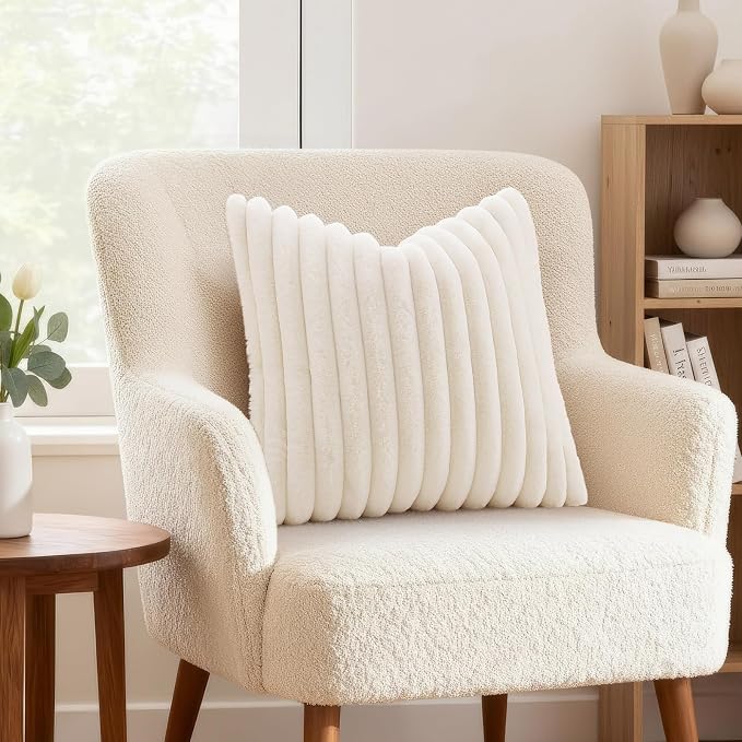 decorUhome Fall Faux Fur Throw Pillow Covers 22x22 Set of 2 Cream White | Decorative Soft Cozy Striped Plush Modern Farmhouse Boho Couch Pillow Cases Velvet Back for Sofa Bed Living Room Home Decor