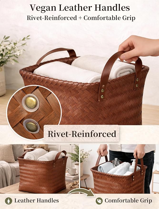 Wicker Storage Baskets, 4 Pack Woven Baskets for Shelves, Brown | PP Rattan, Water-resistant Wicker Basket, Large Baskets with Faux Leather Handles for Blanket, Laundry Organizer, Room Decor