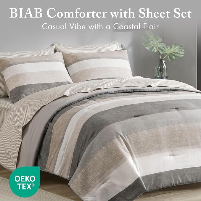 Madison Park Essentials Full Comforter Set, Bed in A Bag Comforter & Sheet Set, Modern Casual Stripes Print, All Seasons, Soft Microfiber Bedding Makeover, Matching Shams, Full Taupe/Grey 7 Piece