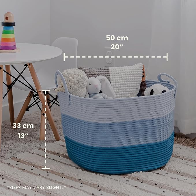 OrganiHaus Round Toy Basket & Blanket Basket, Cotton Rope 20x13" | 3-Toned Blue - Round Cotton Rope Basket, 20x13"