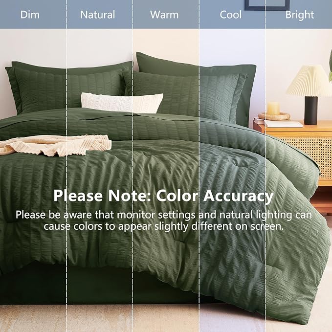 Full Comforter Sets, 7 Pieces Olive Green Seersucker Bed in a Bag | OEKO-TEX Certified, All Season Bedding Set with 240 GSM Down Alternative Comforter, Flat & Fitted Sheets, Pillowcases & Shams
