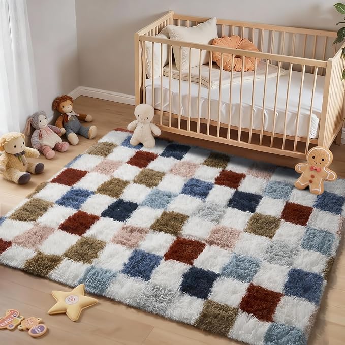 Ophanie Checkered Rainbow Rug for Living Room Bedroom,Colorful Fluffy Soft Cute Fuzzy Area Rugs,Shag Plush Shaggy Bedside Floor 4x6 Furry Carpet Kids Baby Teen Dorm Decor with Over 99 pcs Pile fibers