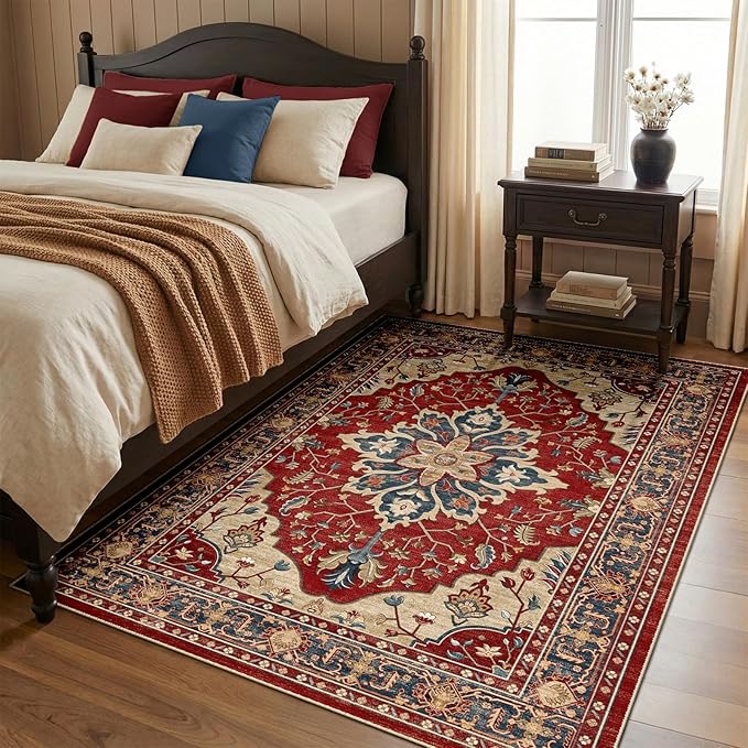 RELEANY Washable Area Rug, 5'x7', Red/Blue | Non-Slip, Water Repellent, Pet Friendly, Easy to Clean, Vintage Floral Boho Decor for Living Room Bedroom Dining Room Office