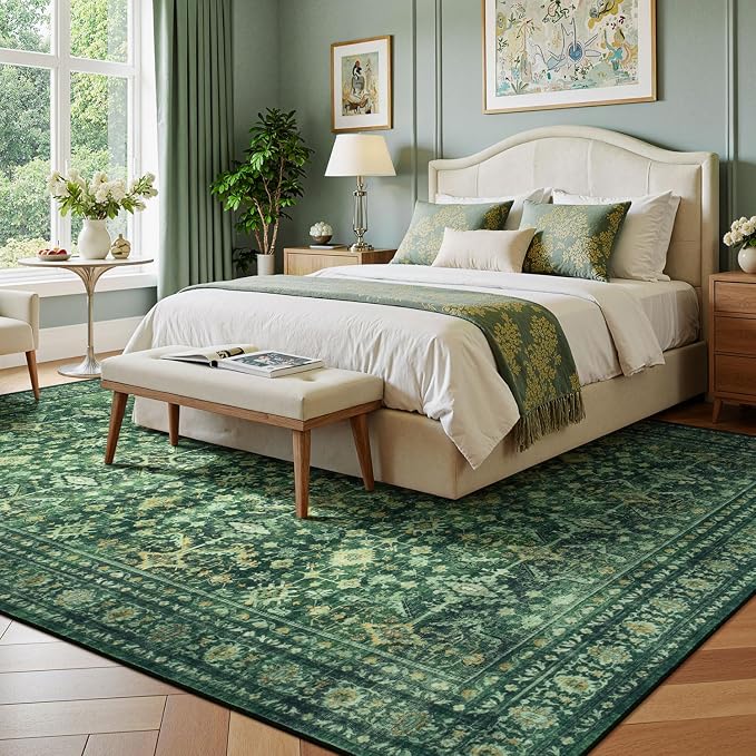 5 x 8 Washable Area Rugs for Living Room,Soft Non Slip Carpet Green | Durable Stain Resistant,Kid Pet Friendly,Compatible with All Vacuums,0.25inch Low Pile for Bedroom Dining Room Home Office