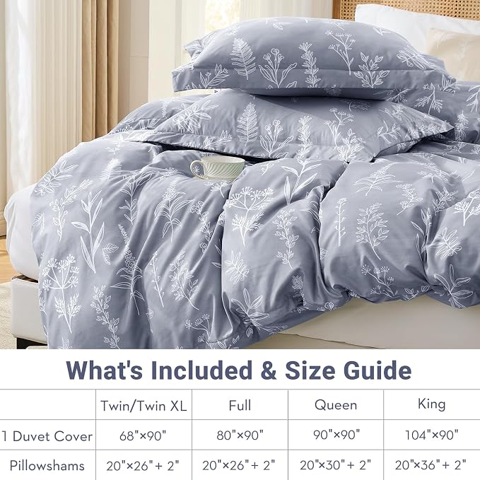 MUXHOMO Duvet Cover Twin/Twin XL Size Set, Reversible Floral Grey Duvet Cover with Zipper Closure, 2 Pieces Botanical Patterns Soft Bedding Set with 4 Ties (68"x90", 1 Pillow Case)