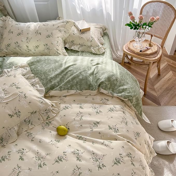 mixinni Reversible Sage Green Floral Duvet Cover Set Queen Size - 100% Cotton Cute Botanical Patterns Bedding Set with Ruffle Lace, 3PCs Beige Soft Aesthetic Cottagecore Style Duvet Cover for Girls