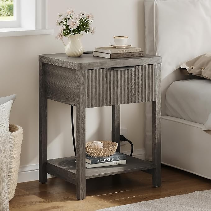 Night Stand Set 1, Fluted Wood Bedside Table w/Socket Station for Bedroom | Dark Grey, Storage Drawer, Open Shelf, Metal Silent Rails, Round Corners, Modern Fluted Panel, Living Room, Bedside Table